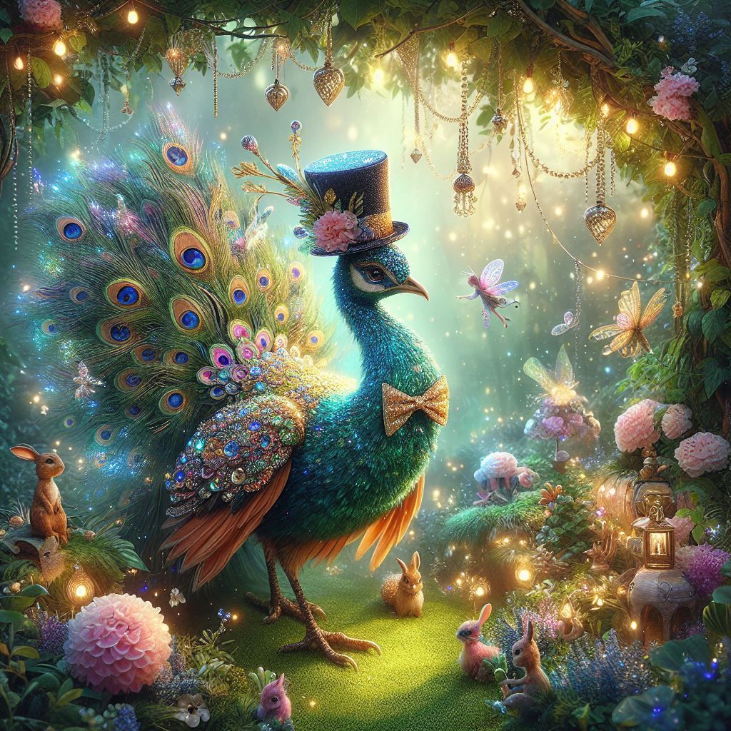 Elegant Peacock at en evening garden party