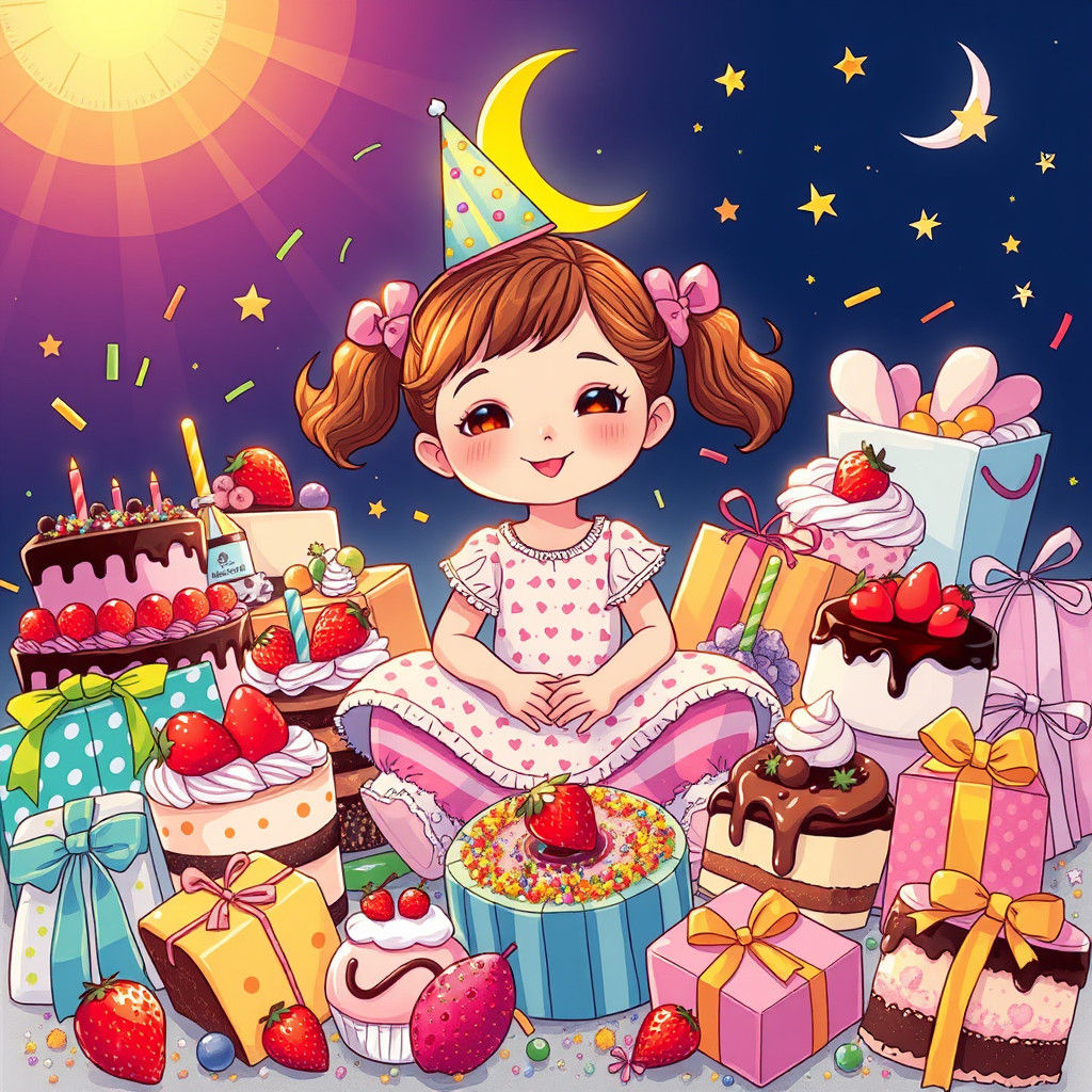Girl Surrounded by Sweets and Gifts in Mary Blair Style