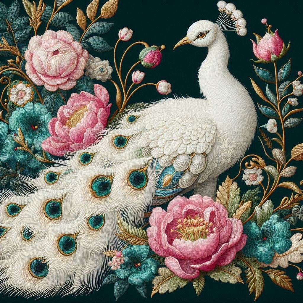 Peacocks, Embroidered and Lace, a series