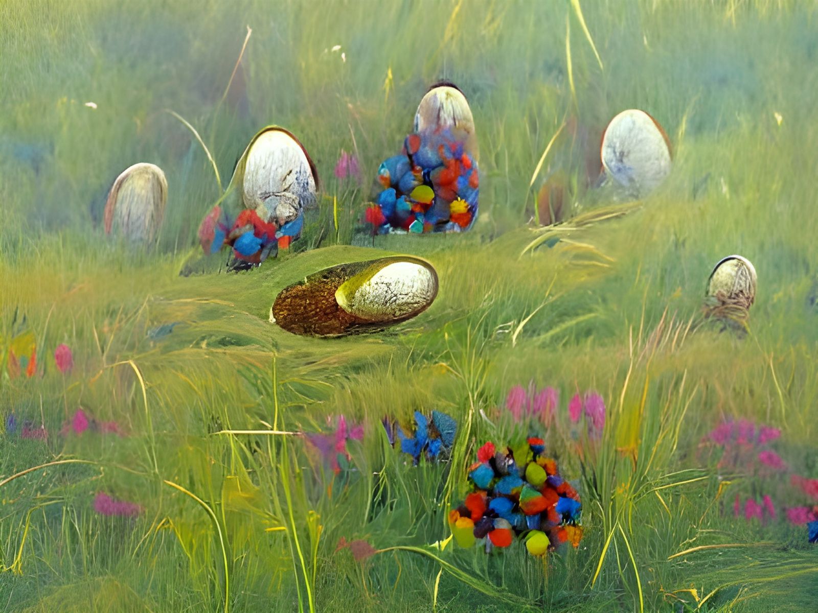 Easter Bunny Hiding eggs ethereal fantasy hyperdetailed mist...