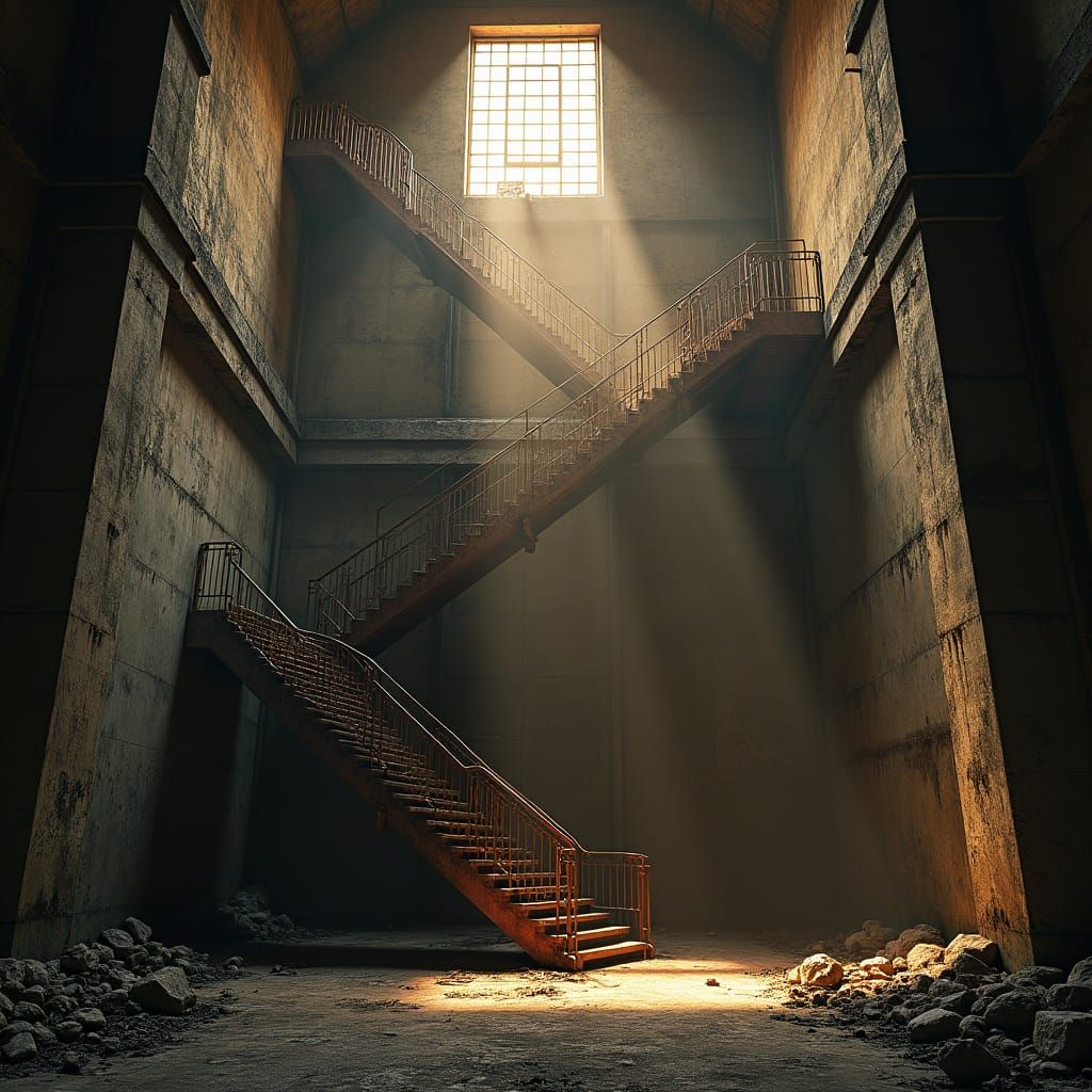 silos abandonnés vus de l'intérieur avec un gigantesque esca...