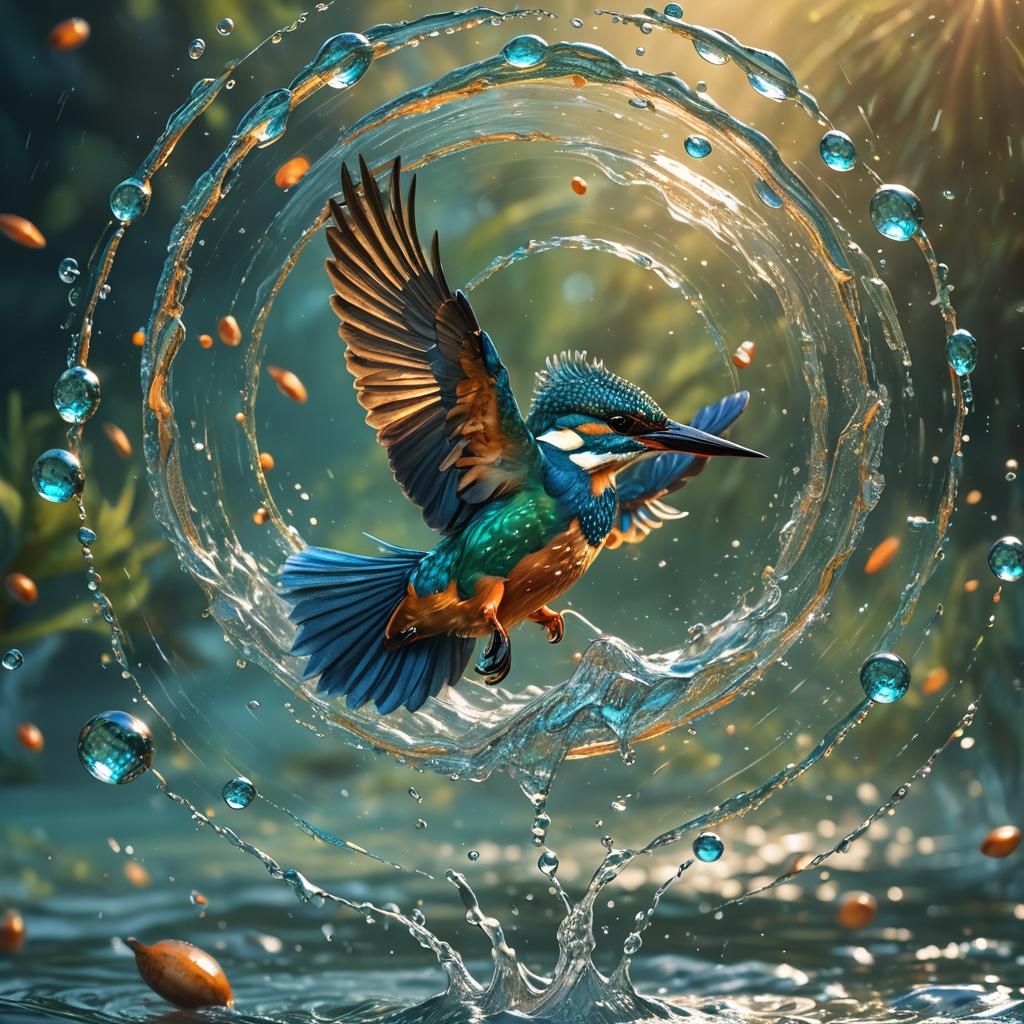 kingfisher diving into the water to catch a fish