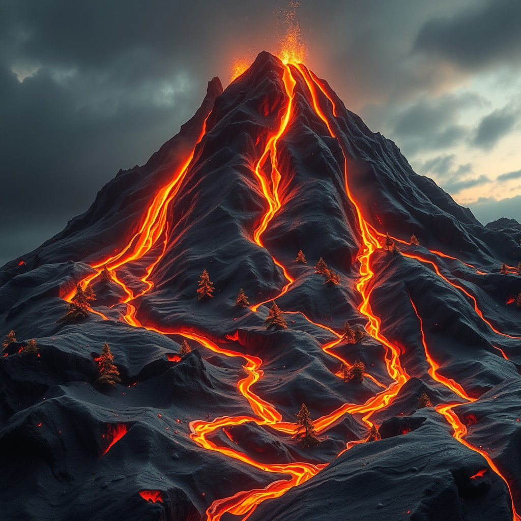 A surreal, darker volcanic landscape, on an anatomically cor...