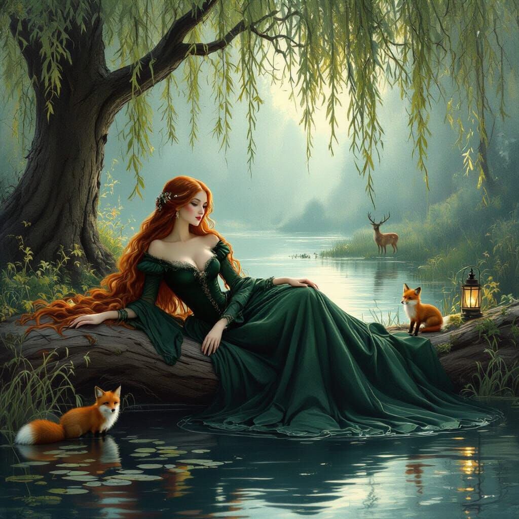 Rococo style, Impressionism, slender woman in dress laying across log over water, dark green gown, long flowing red hair, forest, lighting p...