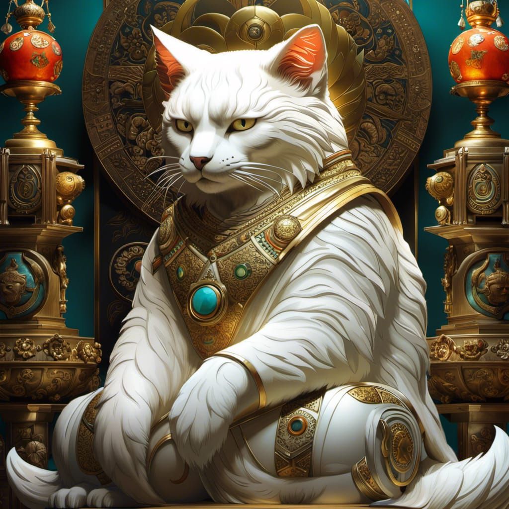 old,fat meowgod, slanted eyes, detailed fur, in cumulusnimbu...