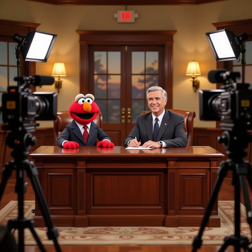 Elmo and the late Fred Rogers as commentators, seated behind a large wooden desk, on youtube