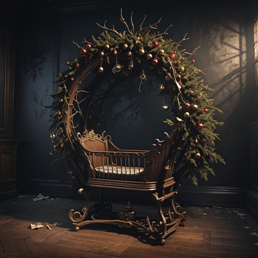 Empty Victorian era baby cradle in a dark shadowy room with ...