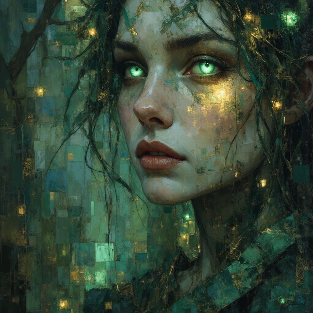 Hypermaximalist close up, a masterpiece, ethereal gothic fantasy, surreal elegance. A mesmerizing elven druid with radiant emerald eyes, her...