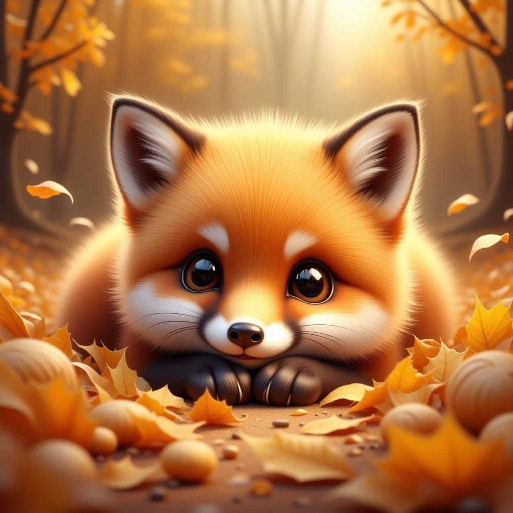 <lora:CuteFlux:1.0> highly detailed, cute image of an adorable, fluffy fox cub with large shiny eyes, happy expression, hiding in a pile of...