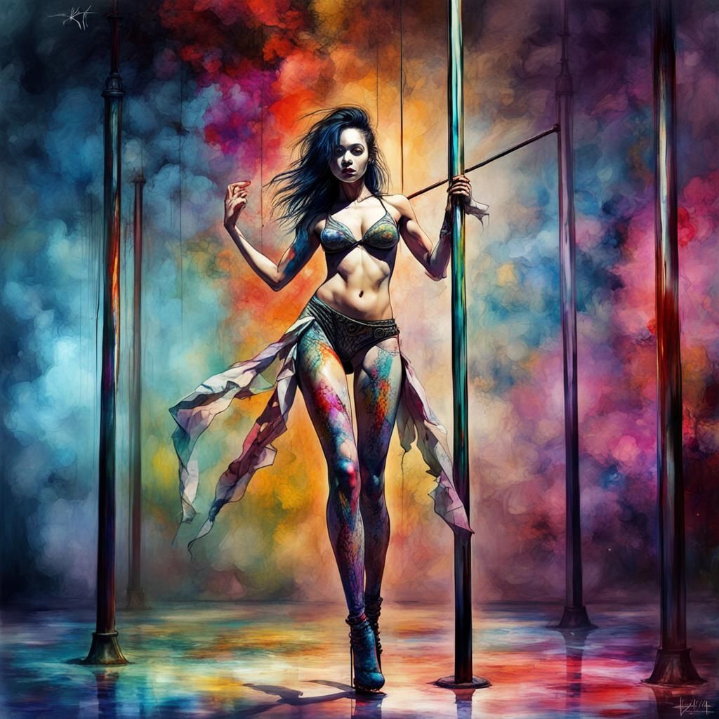 Full body shot of exotic dancer in pole, Cinematic fantasy, Mixed media, multi-layer art styles, restyled ...  by @Risiam 