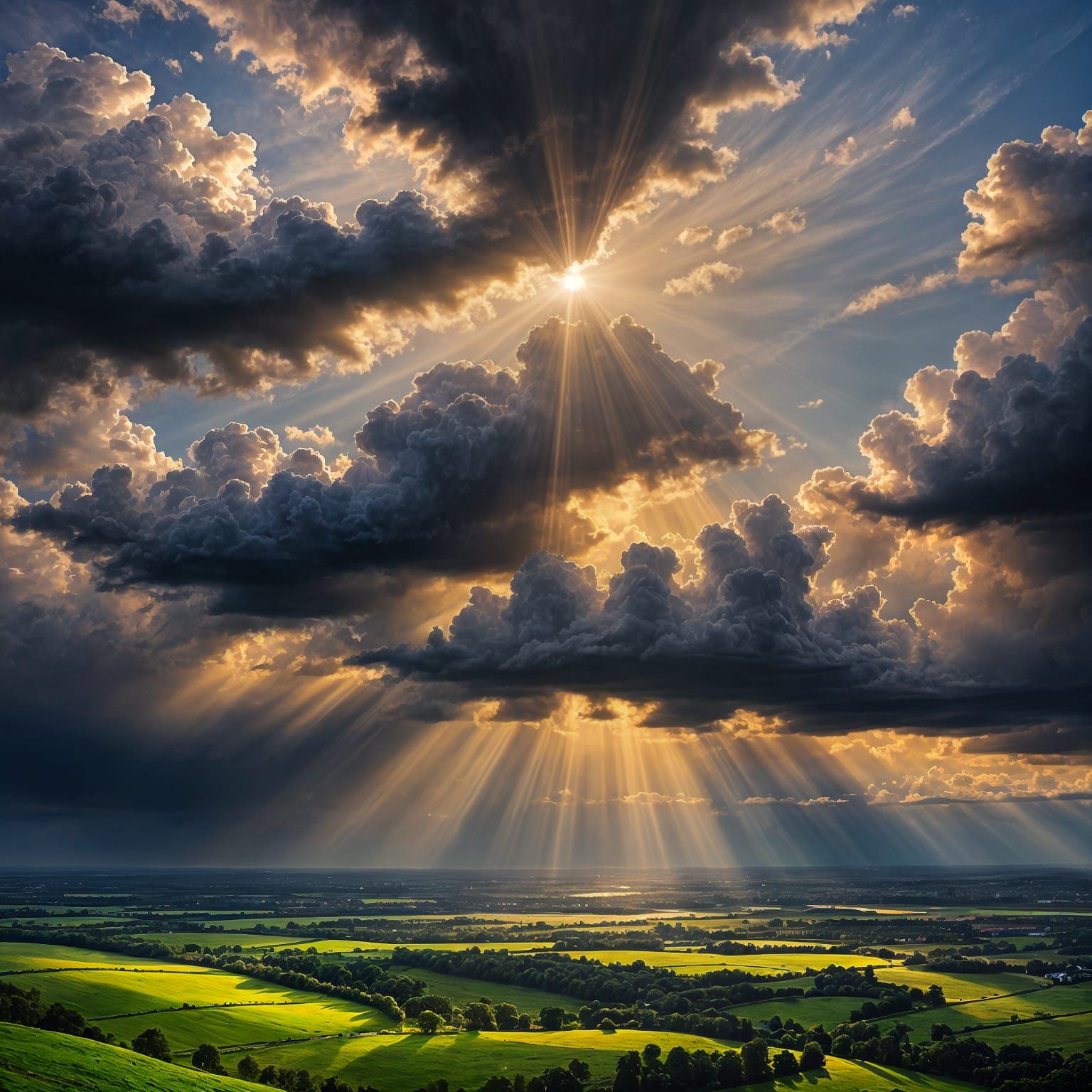 sunbeams breaking through a dark sky.  by @Tilted25