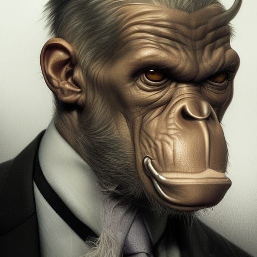 Ape in suit 5D,5D lighting,surreal fantasy art,detailed face