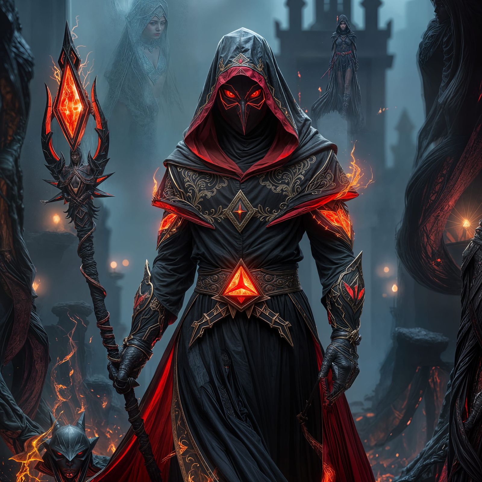 "A mysterious blood mage adorned in a dark, fitted robe with intricate glowing gold and crimson accents. ...  by @Jack