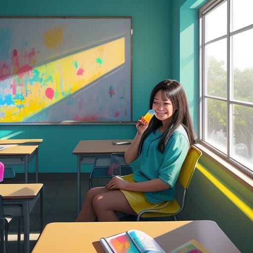 Girl Eating Ice Pop in Sunlit Classroom - Oil Painting