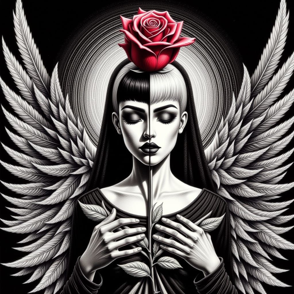 <lora:Red Roses:1.0> A Red Rose stand out  as emotions in against graphite grayscale  of forced  identity, she dances in freedom