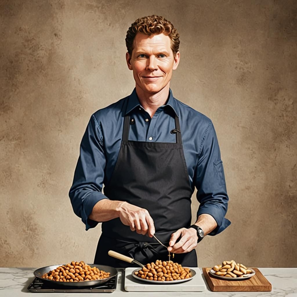 Bobby Flay, Iron Chef, in the style of Peanuts