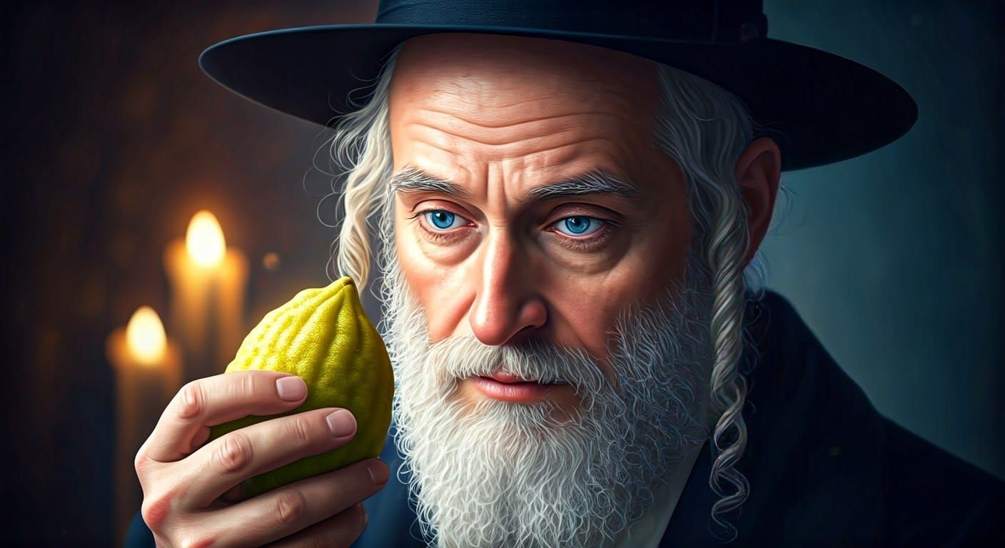 A Devout Hasidic Man Examines an Etrug with Reverence