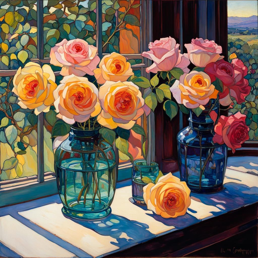 in a windowsill of an old-fashioned window there are many sm...
