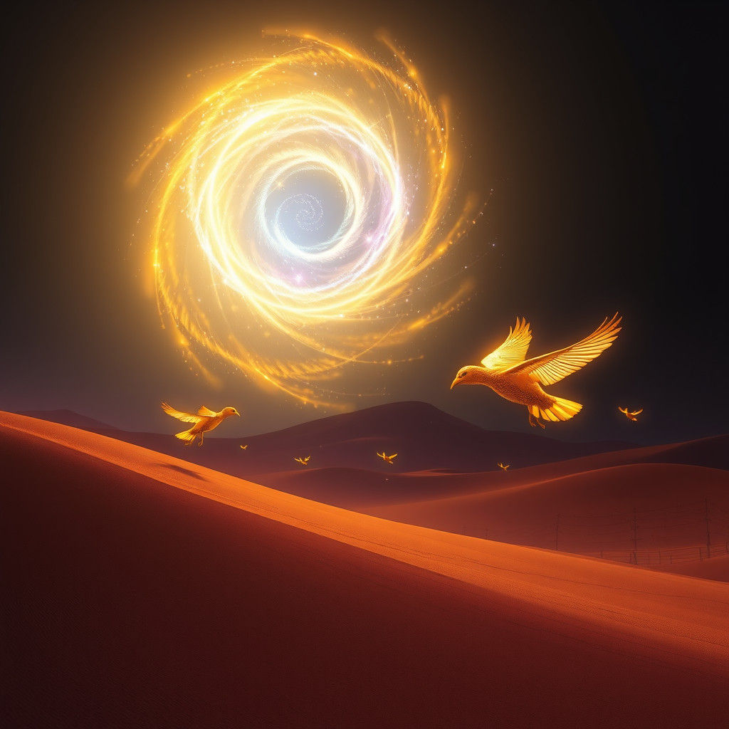 6. "Luminous Infinity Portal"
A floating portal made of a large spiral of pulsating light in shades of yellow, blue, and lilac. It is suspe...