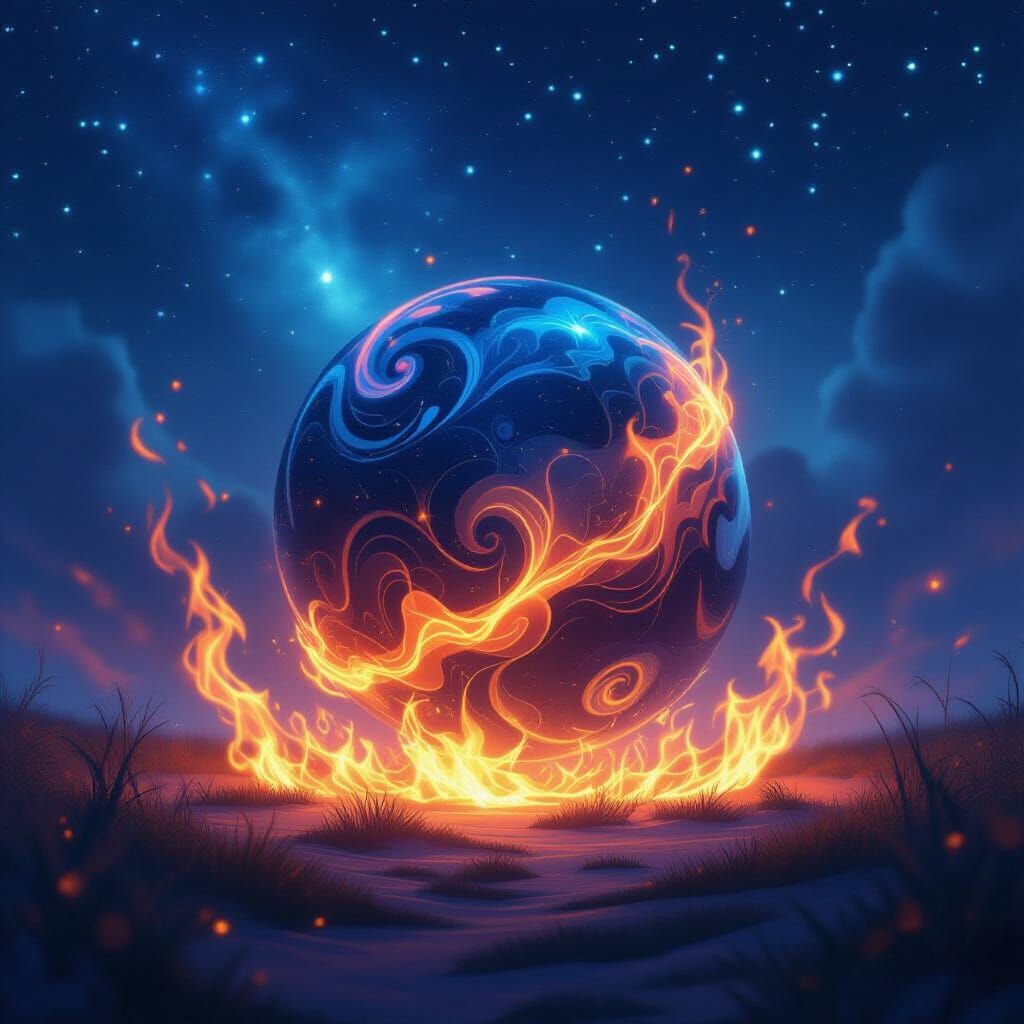 Ethereal Sphere Dancing in Starry Flames