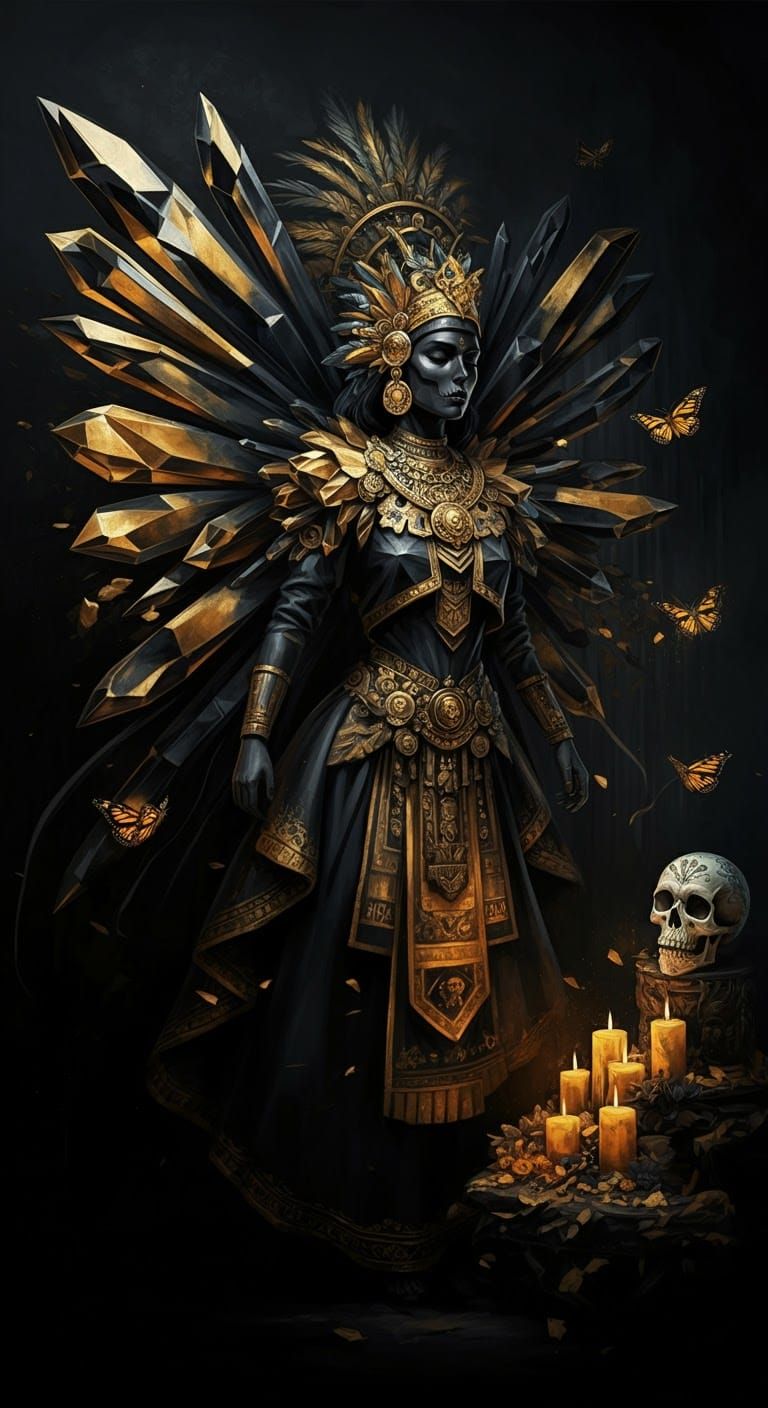 <lora:Noir Royale:1.0>  painting on an easel, a pitch black  obsidian butterfly goddess Ītzpāpalōtl  in Aztec regalia With cubist geometry b...
