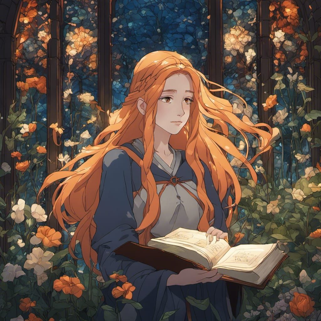 serious long orange hair braided woman in flower garden at n...