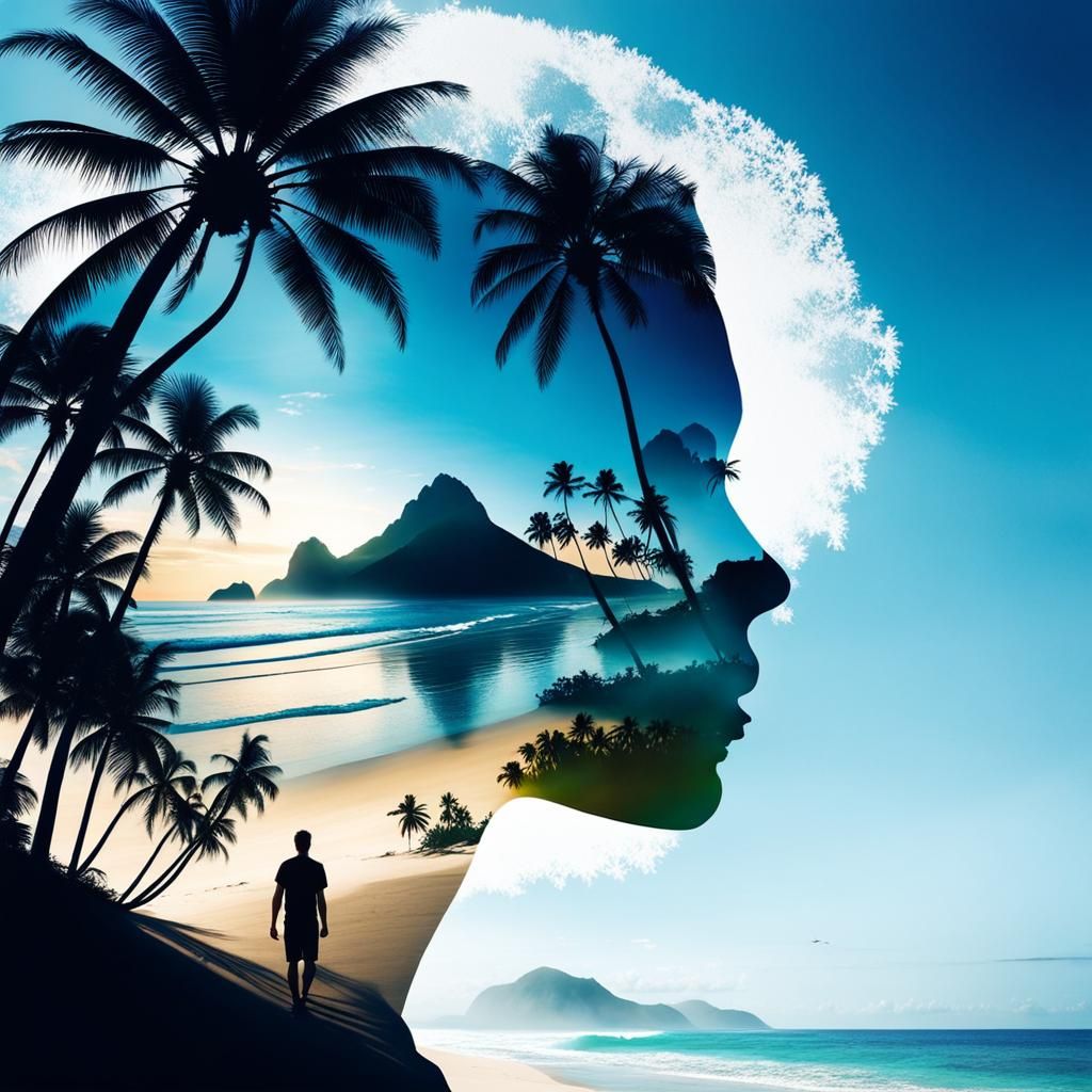 Double exposure art, a tropical paradise within the silhouet...