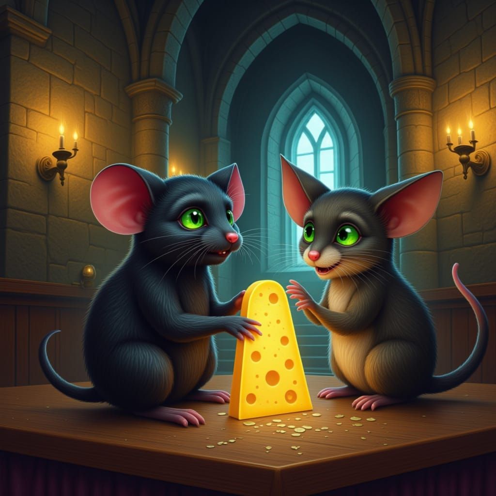 Albus the mouse and Aurelia Nibblewick, in the style of <trigger><lora:Mischievous Albus:1.0> Albus, a cat tuned mouse with pure black velve...