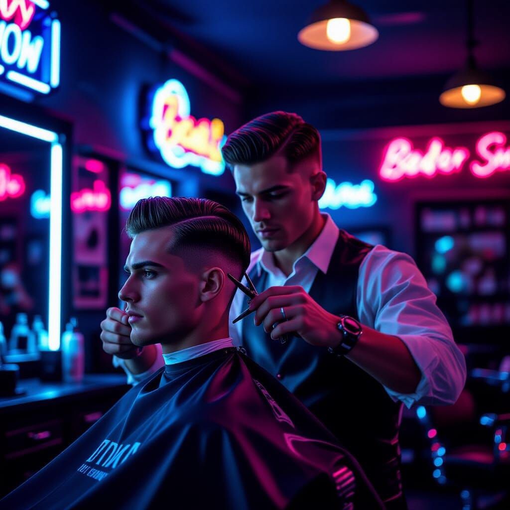 Young Man's Haircut in Neon-Lit Vintage Barbershop