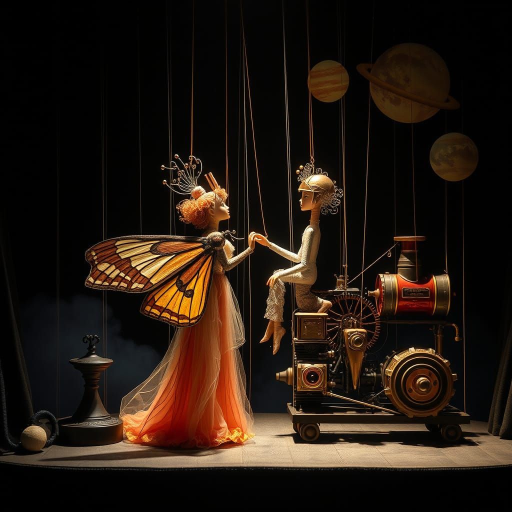 Steampunk String Puppet Show Under Starry Night Sky