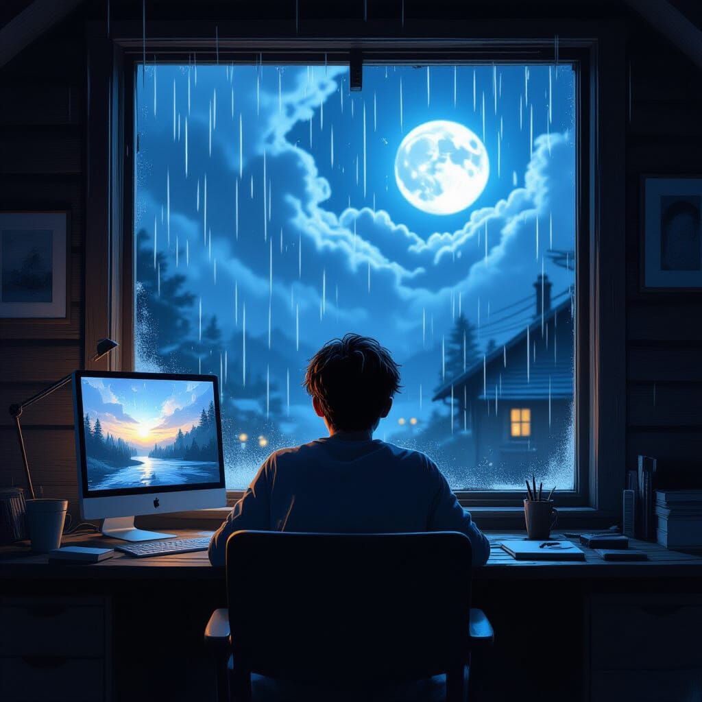 Boy Watches Stormy Night Rain in Cinematic Digital Painting