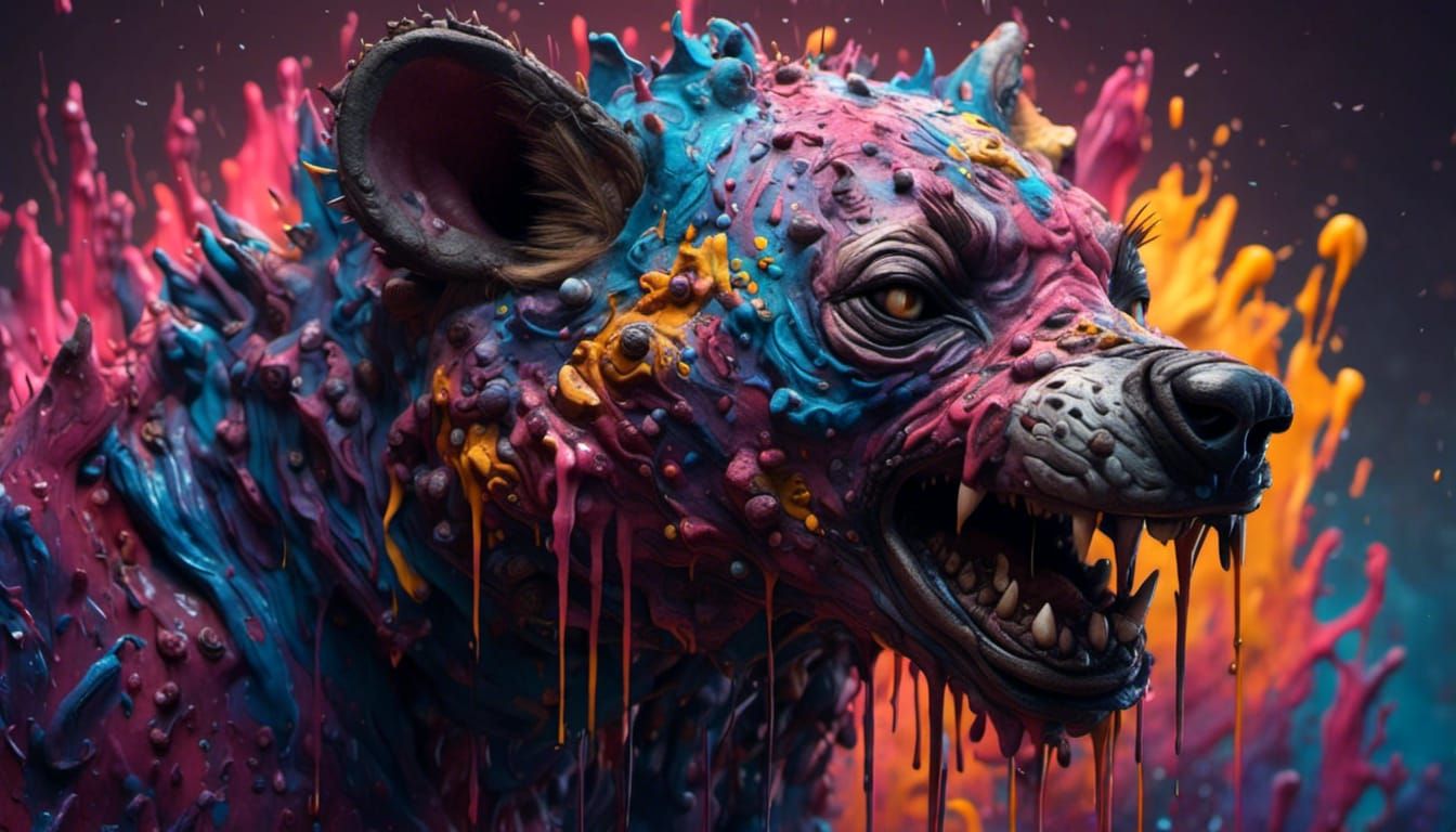 <lora:Bipolarity:1.0> Hyena, graffiti art, splash art, street art, spray paint, oil gouache melting, acrylic, high contrast, colorful polych...