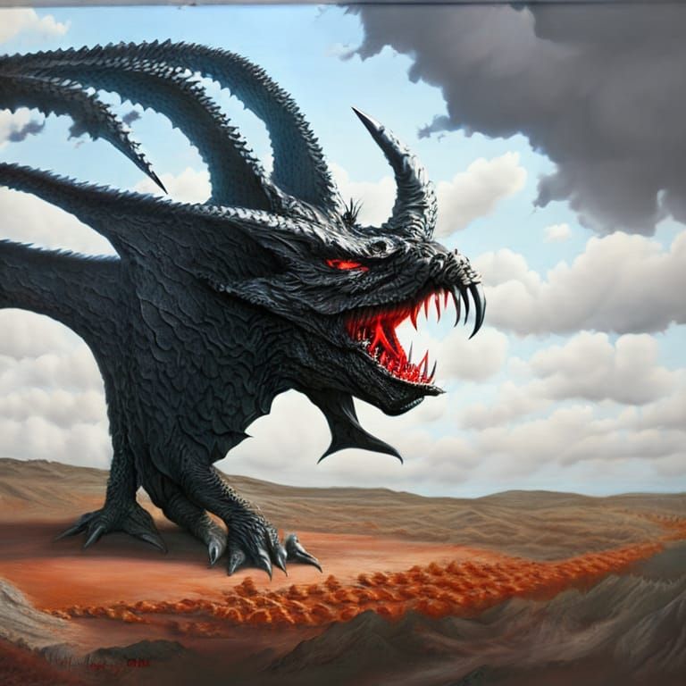 The red horned demon transformed into a giant black dragon, ...