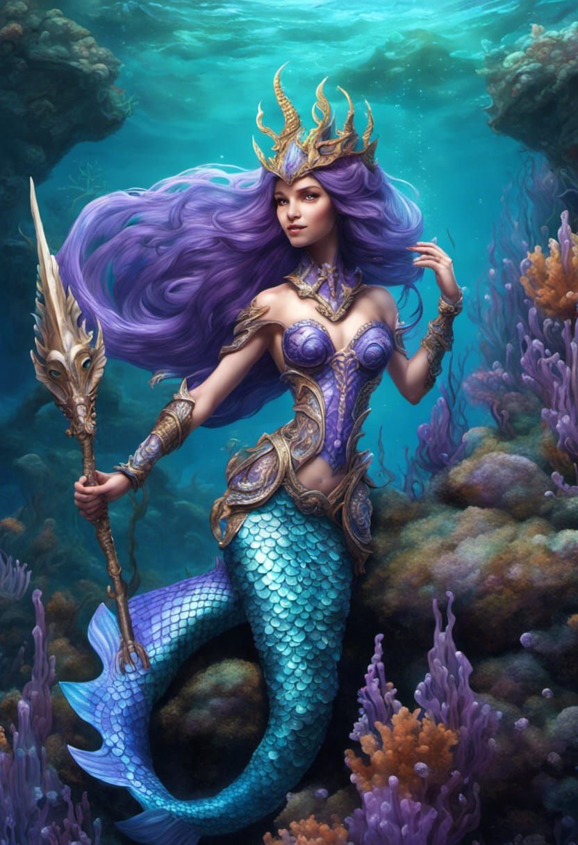 Mermaid Warrior with staff  by @Tiny Pearl Cat