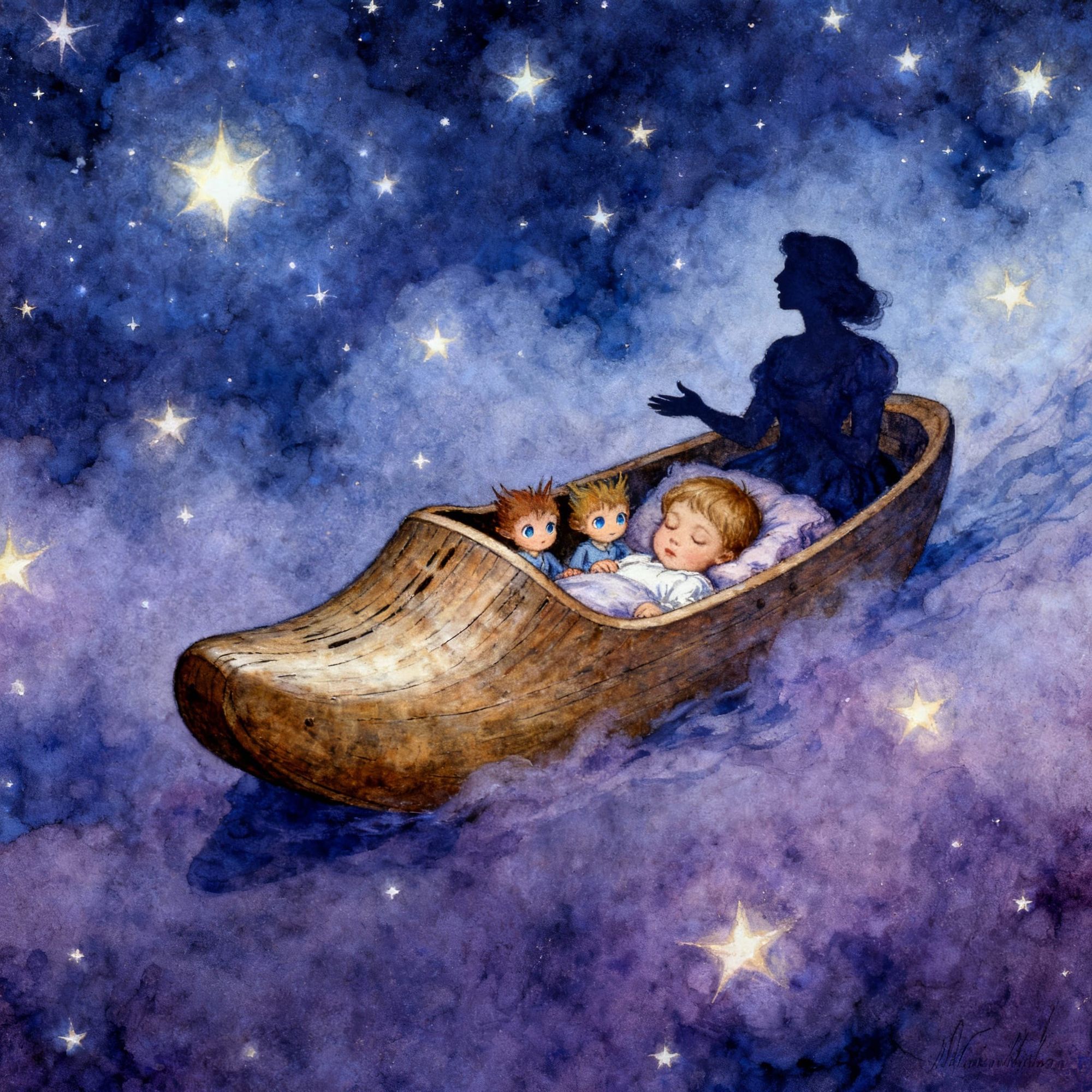 In the most epic, fantastical, finely detailed fantasy style create an image to illustrate the last verse of Wynken, Blynken, and Nod by Eud...