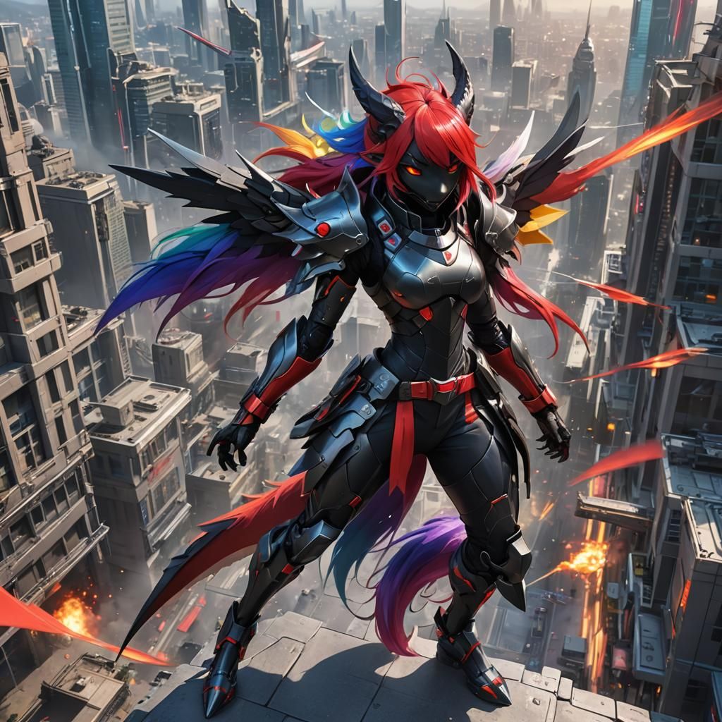 Female Furry dragon girl, futuristic black and red armoured ...