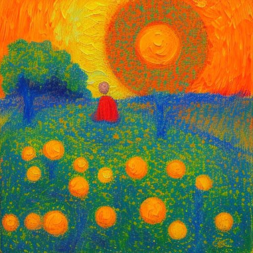 Orange people looking at a blue sign on a green space filled...