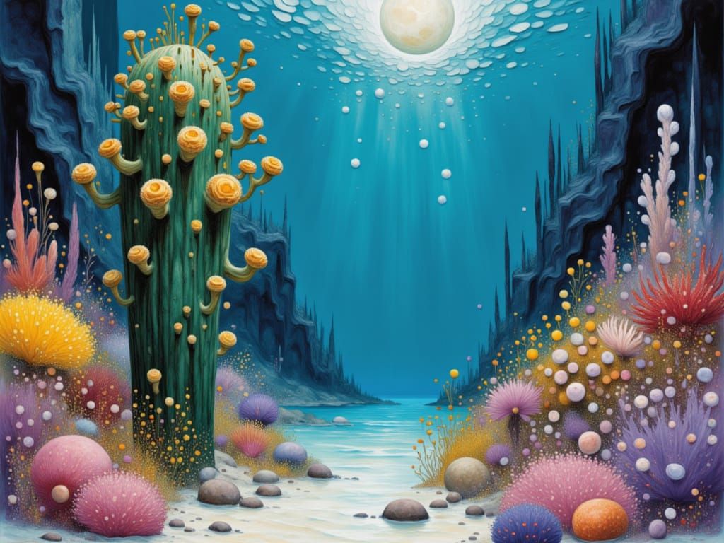 <lora:SUN MOON SCAPE:1.0>
Underwater scene: a tall, flowering cactus flowering succulente, stands on a milkywhite-hues-sandy-seabed amidst R...