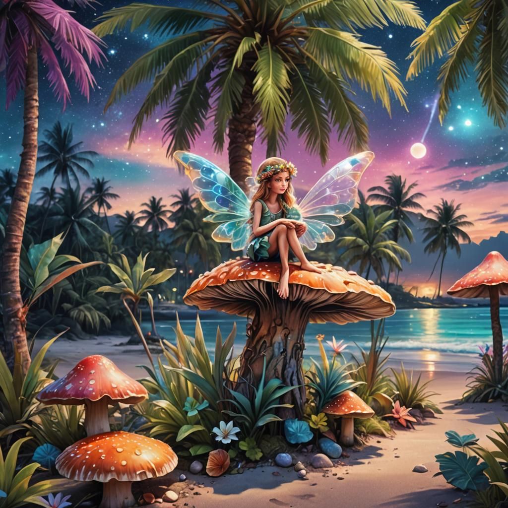 A tiny fairy sitting on a mushroom under a palm tree at the ...