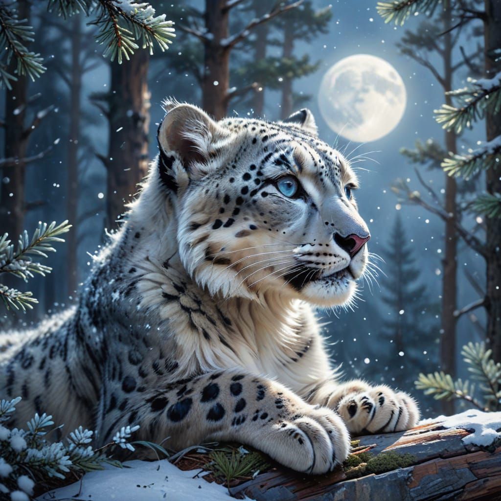 Snow Leopard Cub in Winter Forest, Digital Painting
