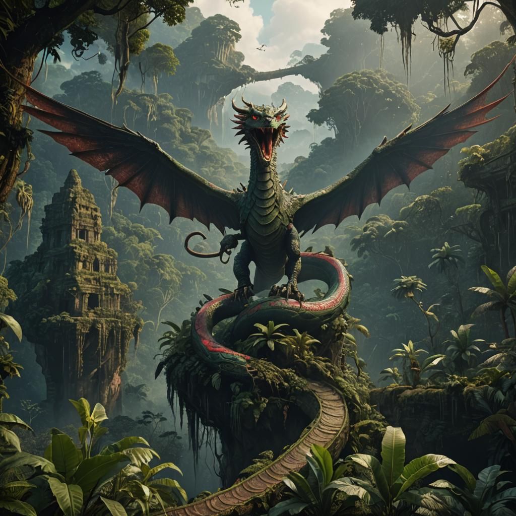 Giant winged serpent with human head flies over Central Amer...
