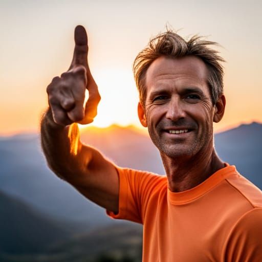 a 40 years old man, white, whit tinny blonde hair, look into your fingers showing a ball whit thumb and index finger whi...