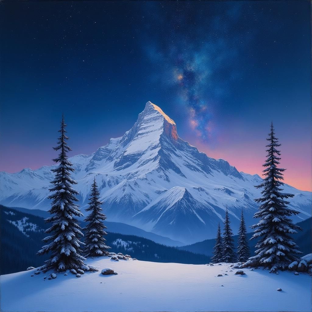 A great mountain, rounded snowcapped peak, beneath a starry night sky