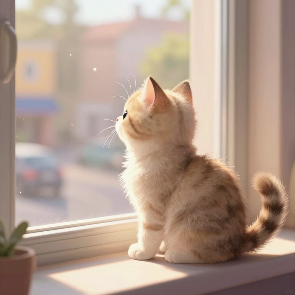 Fluffy Kitten on Windowsill Ponders Busy Adults