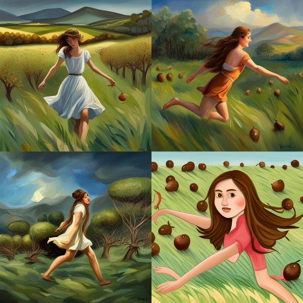 A 22 Yr Old Girl With Long Brown Hair Being Chased Through A Field Of Grass By Many Large