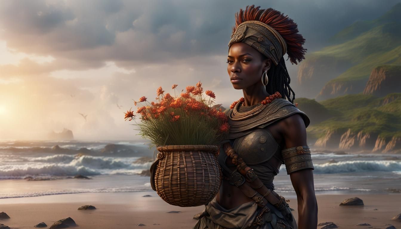 Beautiful female African warrior standing on a beach.
She is...