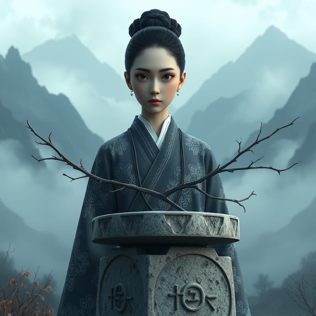 Sorrowful Samurai Maiden Embracing Mono No Aware