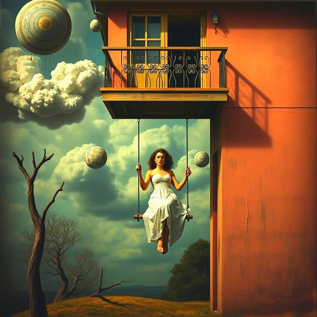 Surrealistic Lady on a Swing in a Bizarre Composition