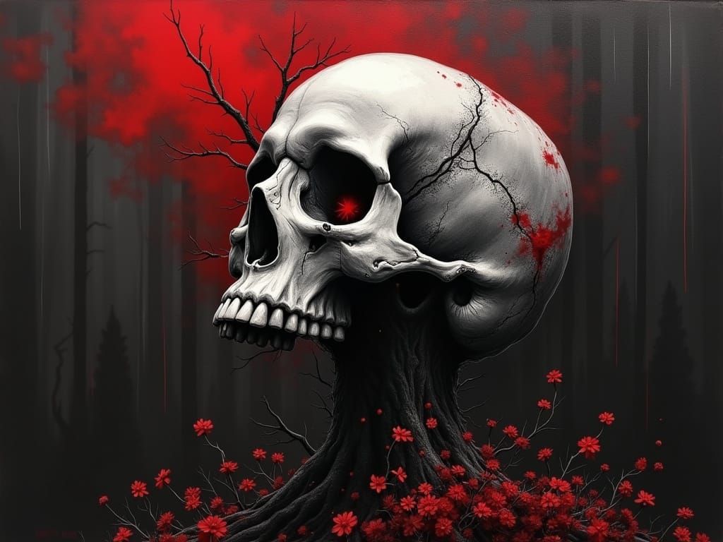  skull, forrest, Charcoal, ink, grey and red , in the style of a really edgy artist. black background, grey shading (Lomographic:1.4) (Depri...