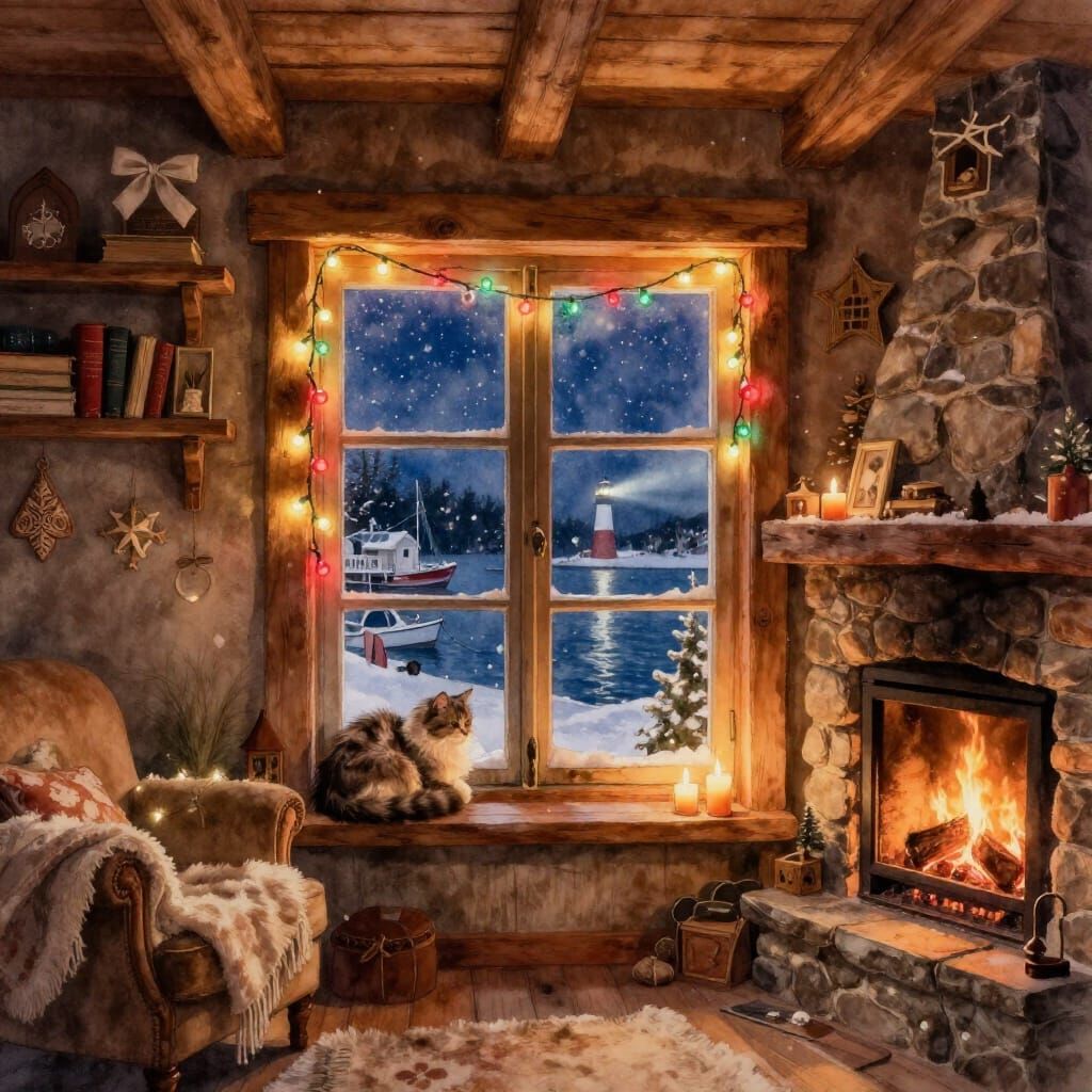 A watercolor of a cozy Christmas scene inside a rustic wooden house. close upA fluffy, curled-up cat ...  by @Tigerlili